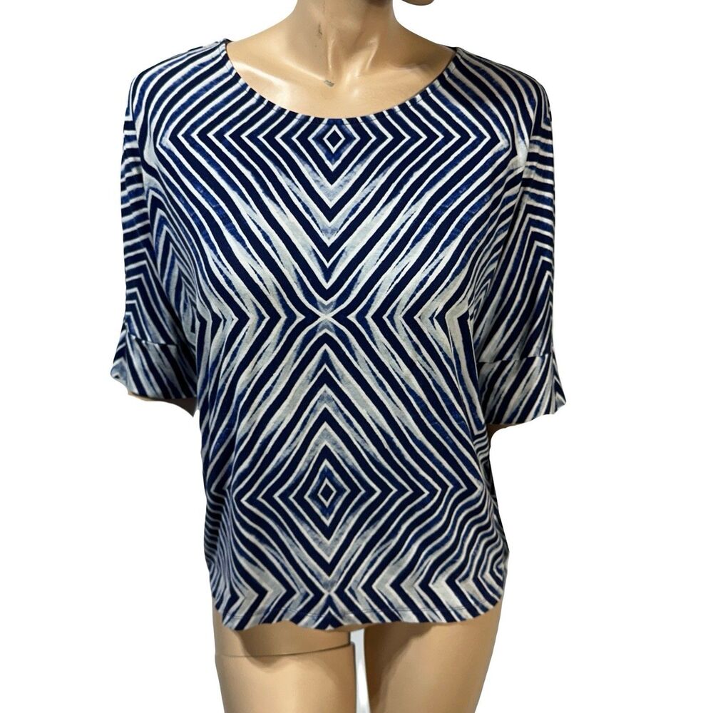 Chicos Top Size 3 Women’s XL Blue White Geometric Print 3/4 Sleeve